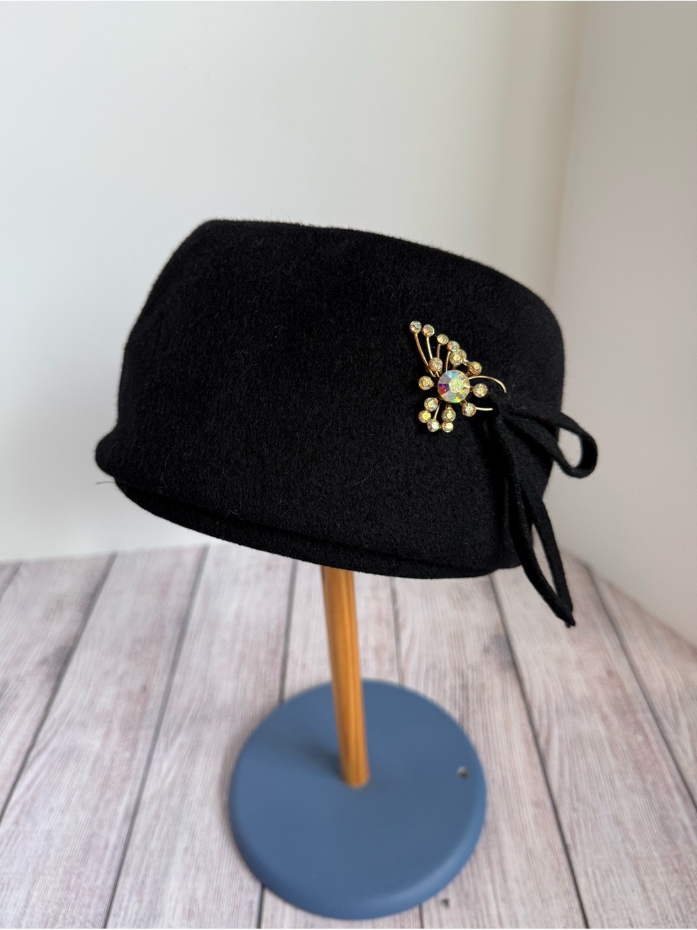 RITZ Vintage Wool Pill Box Black Embellished Hat